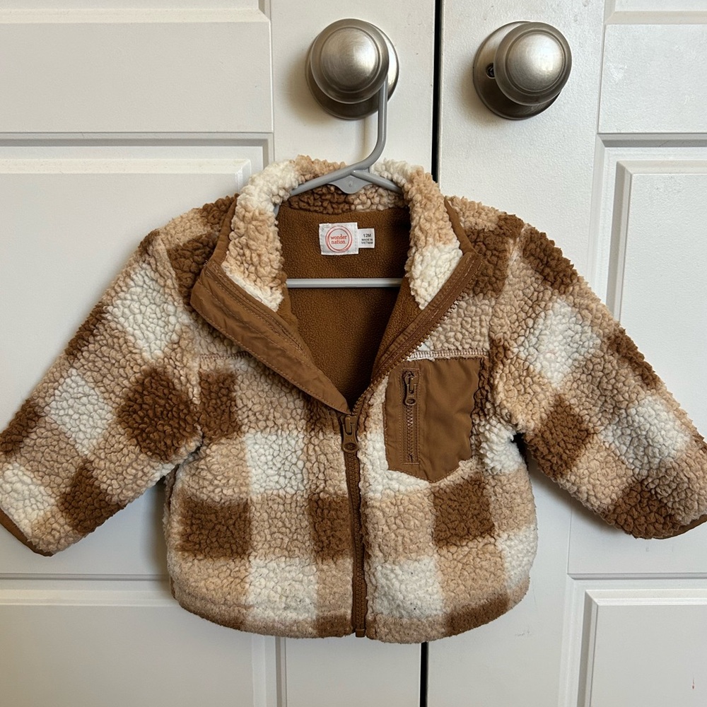 Wonder Nation Brown and Cream Checkered Kids Puffer Jacket